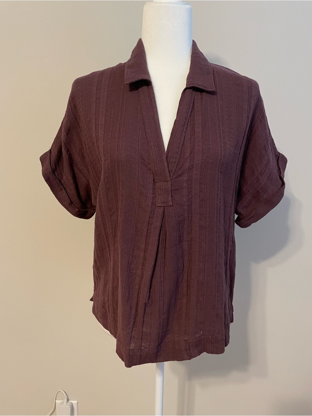 Garnet Hill Women’s Lightweight Collared V-Neck Top in Aubergine